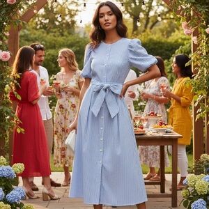 • Blue and White Striped Midi Dress •